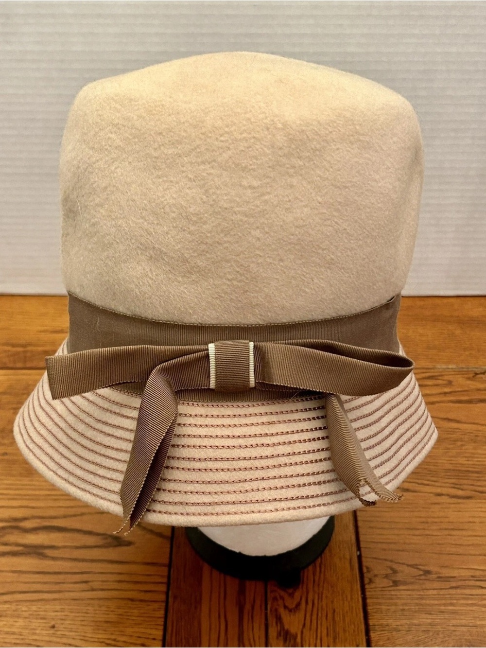 Classic Vintage Tan Wool Cloche Hat with Brown Ribbon
